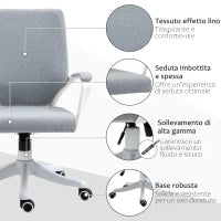 Sedia da Ufficio Ergonomica con Altezza Regolabile, Sedia Scrivania Imbottita Girevole 360° e Funzione Dondolo, in Tessuto effetto Lino Traspirante, per Studio, Grigio
