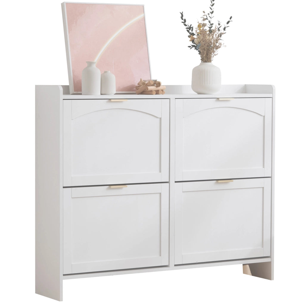 OKWISH Scarpiera con 4 Ante a Ribalta, Ripiani Regolabili e Vani Aperti, per Ingresso, Bianca, 110×24×90 cm