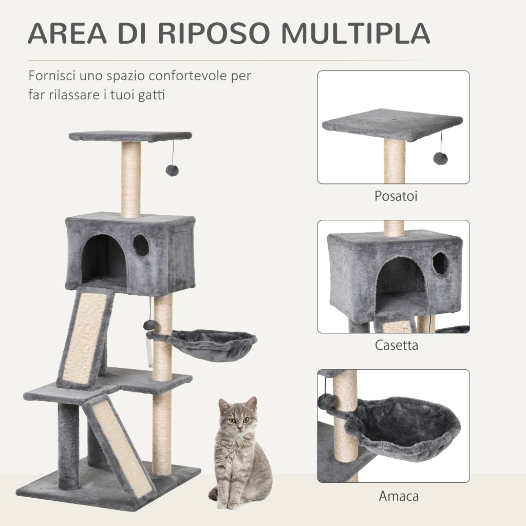 Tiragraffi con Cuccia in Peluche e Corda Sisal ¨C Minimal ¨C Grigio 60x49x130cm