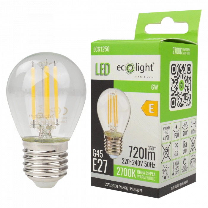 Lampadina LED Filamento G45 E27 6W 2700K 720lm Ecolight
