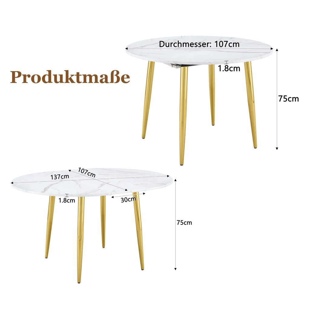 Tavolo da pranzo allungabile rotondo con piano in MDF e gambe in metallo, moderno, con bordi arrotondati, bianco