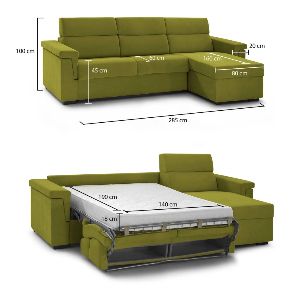 Ganzaria, Divano Letto con Penisola Sfoderabile Made in Italy, 285x160 cm Verde
