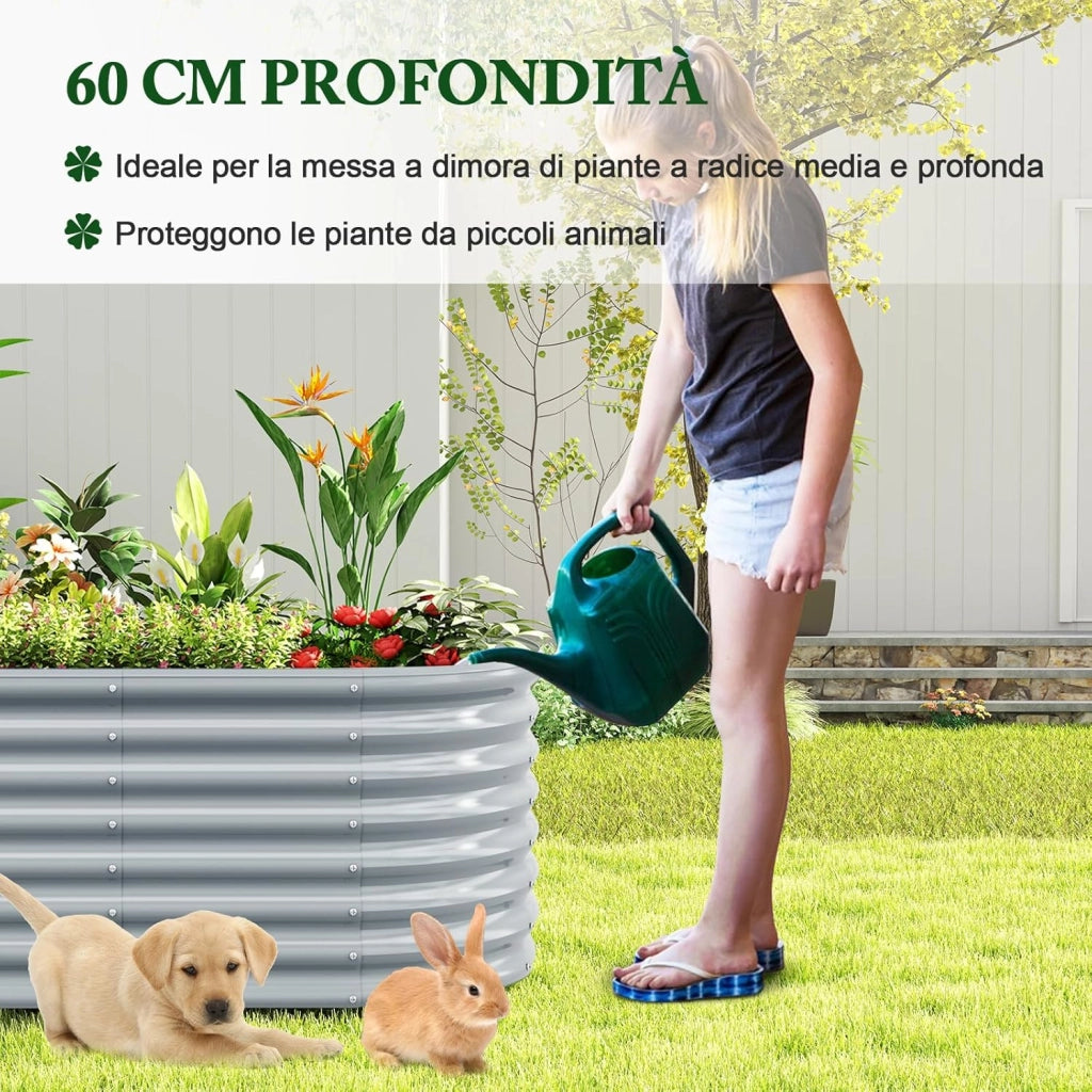 Letto da Esterno Rialzato in Metallo, Aiuola Rialzata in Ovale con Design a Fondo Aperto, Protettori d'Angolo Rinforzati, Orto Rialzato da Esterno per Verdure, Fiori, Erbe Aromatiche (Grigio)