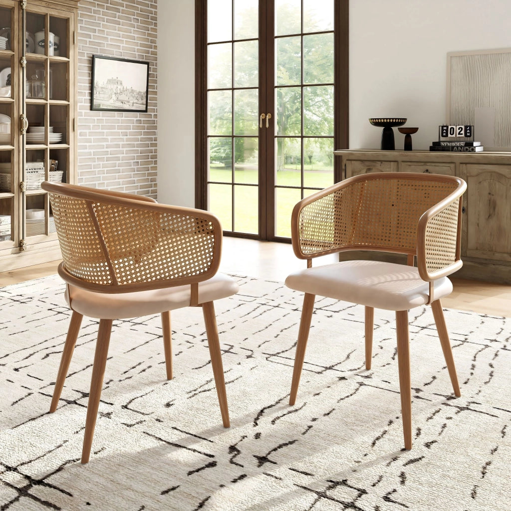 Sedie da Pranzo con Schienale in Rattan ¨C MINIMAL ¨C Seduta in Ecopelle, Moderne, Set 4 Pezzi