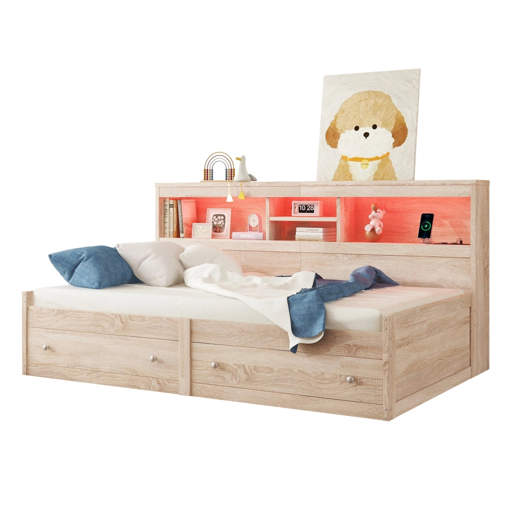 Letto a Divanetto Singolo 90x200 cm; 1 Posto - USB; Prese di Ricarica e LED - Naturale