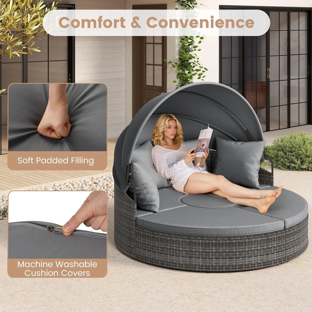 Divano da giardino rotondo in rattan PE con baldacchino retrattile, cuscini e cuscini rimovibili, tavolo basso, carico 180 kg, salotto da giardino modulabile per terrazza piscina (grigio)