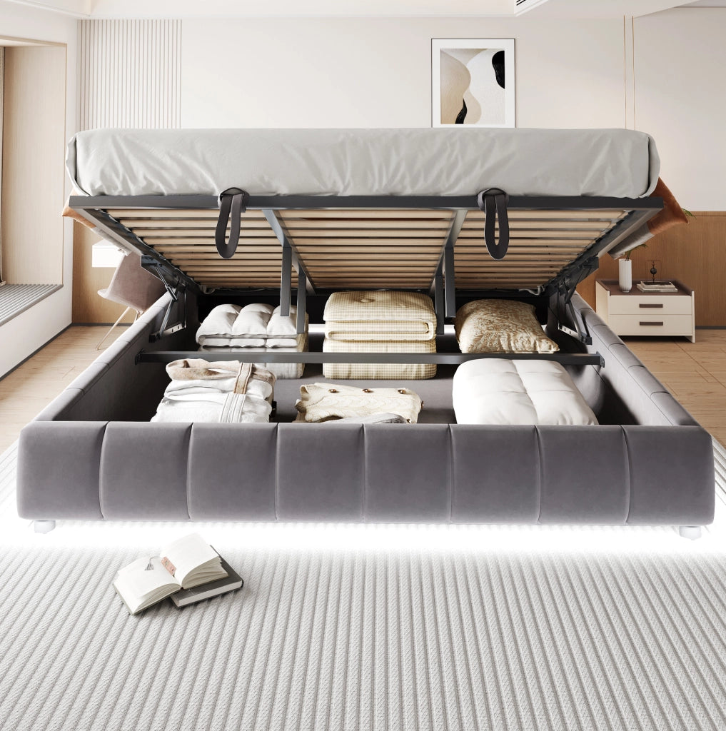 Letto imbottito 180x200 cm con contenitore; LED; senza testiera in flanella grigio