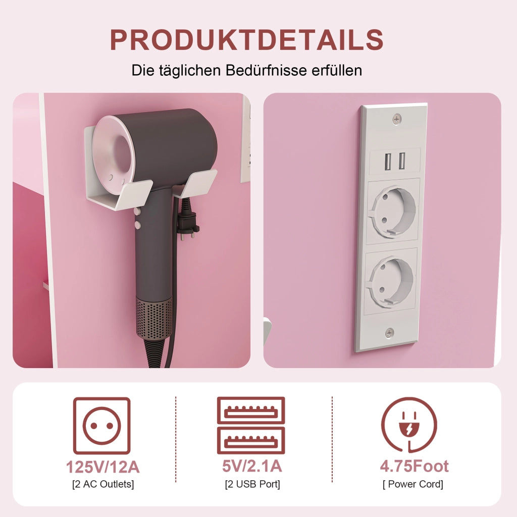 TOELETTA con specchio LED, presa e sgabello, 60 x 131,5 x 38 cm, MDF rosa