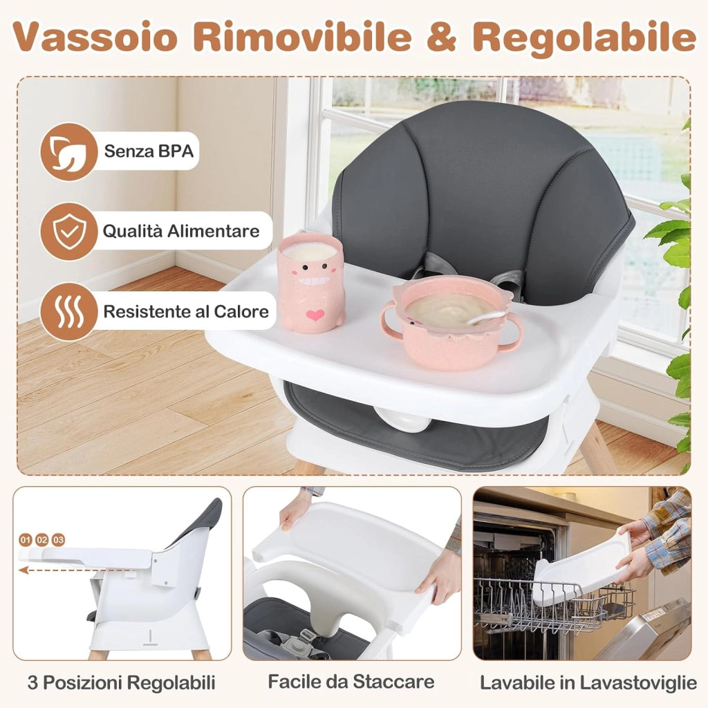 Seggiolone Pappa per Neonati, Vassoio Regolabile | Seggiolone Evolutivo Convertibile con Cuscino Rimovibile, Cintura di Sicurezza a 5 Punti, in Legno con per Bambini 6-36 Mesi