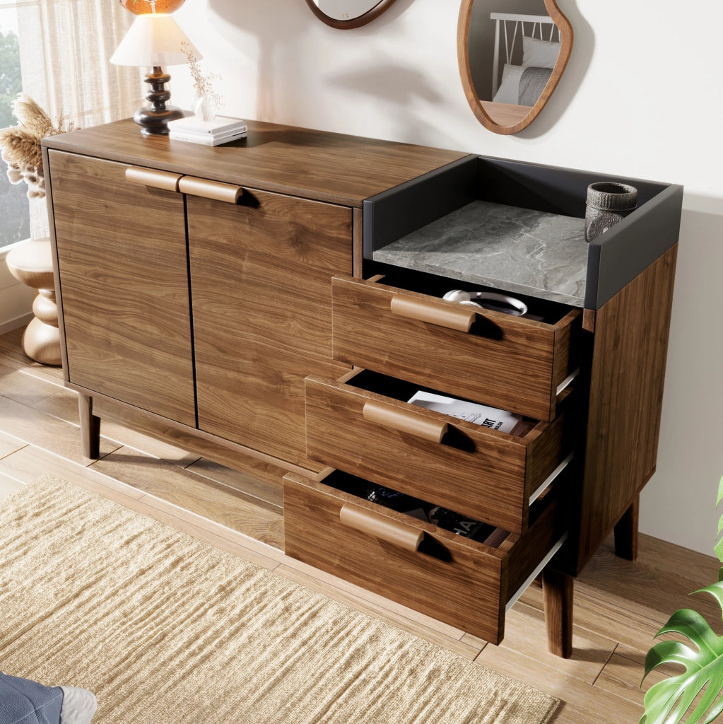 Credenza moderna rovere scuro con piano effetto marmo, 3 cassetti e ripiani regolabili