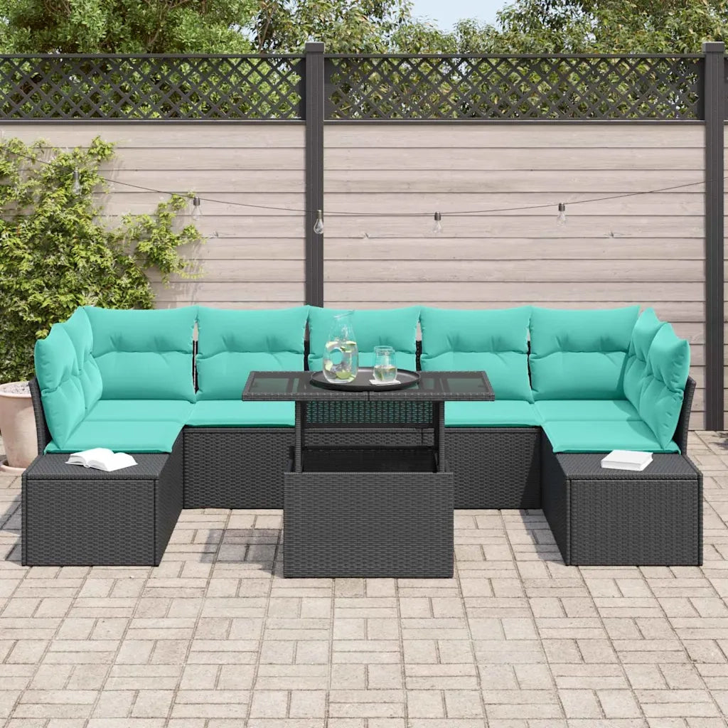 Set Divano da Giardino 8 pz 7-Numero di posti Nero e Turchese 3357879