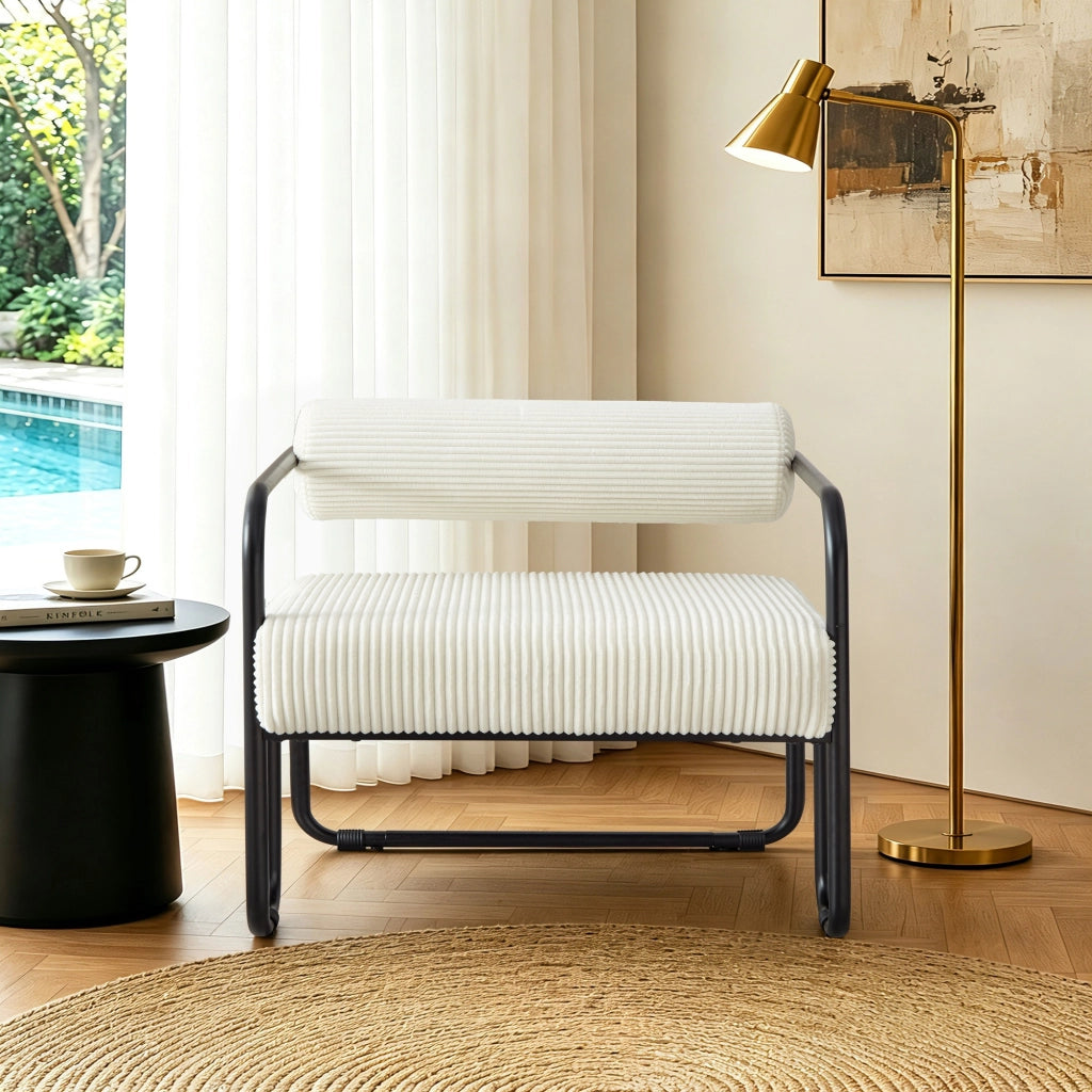 Poltrona lounge con schienale cilindrico e struttura stabile per soggiorno in velluto a coste - beige