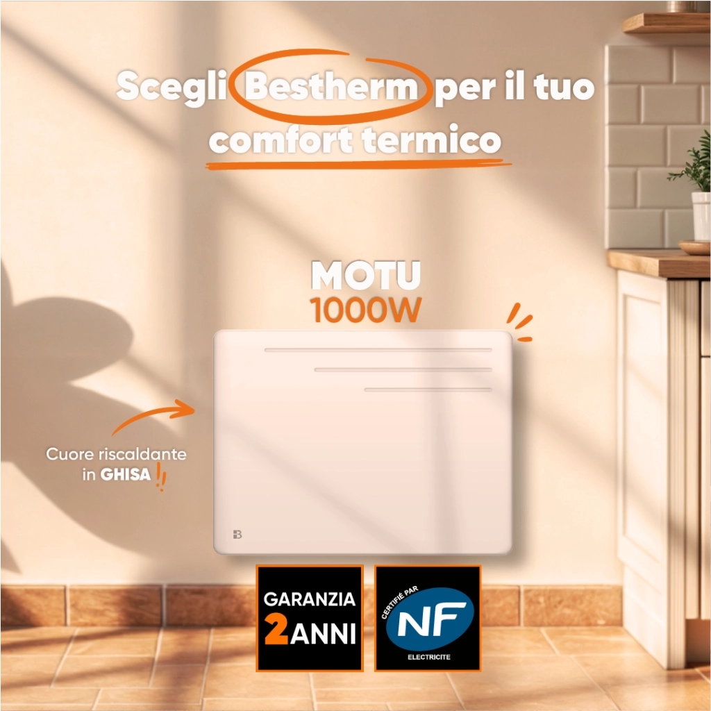 Radiatore elettrico fisso ad inerzia secca in ghisa 1000W MOTU orizzontale bianco
