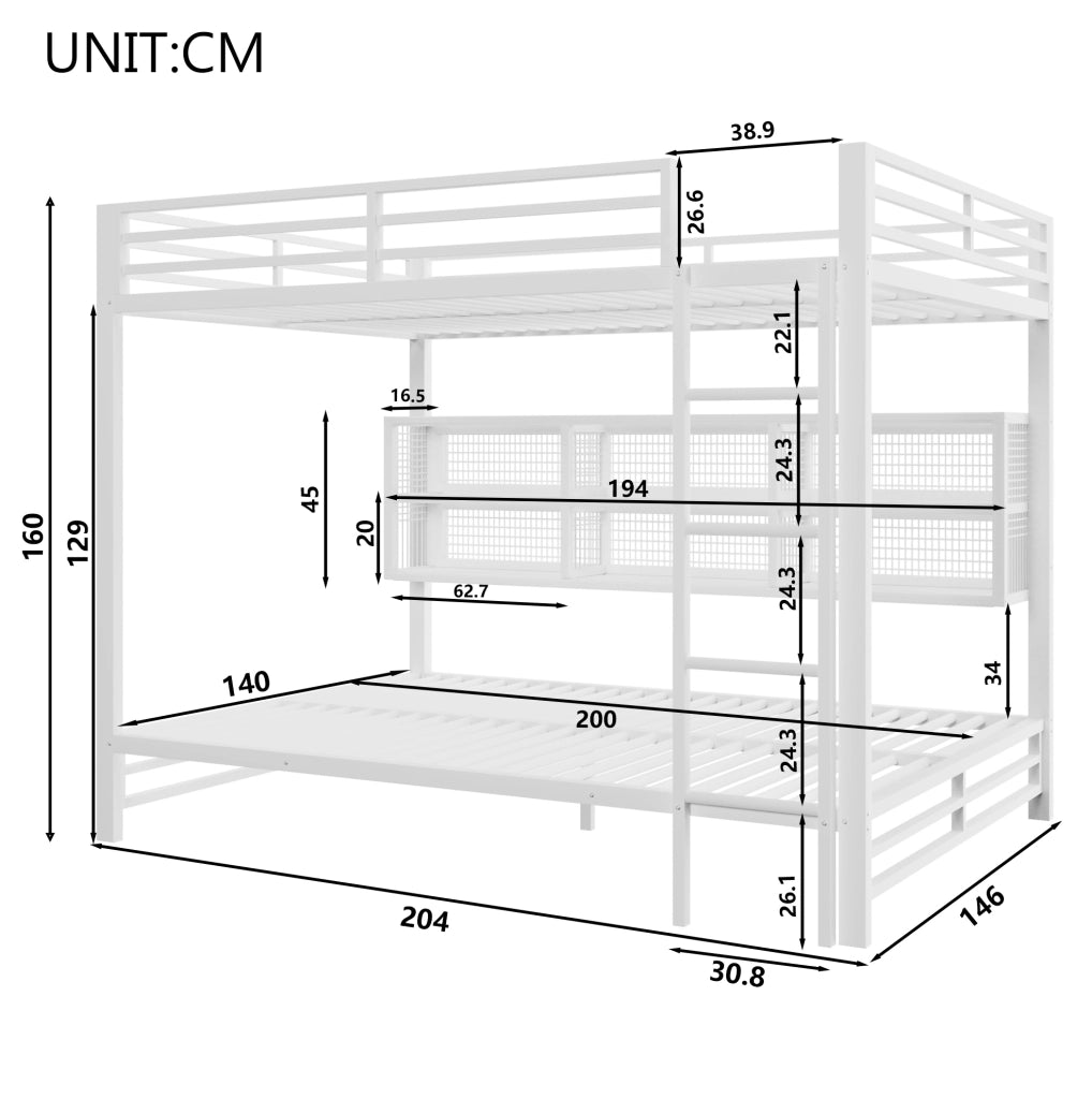 Letto a castello 140x200 cm in metallo bianco con 6 armadietti e LED HAVRYA