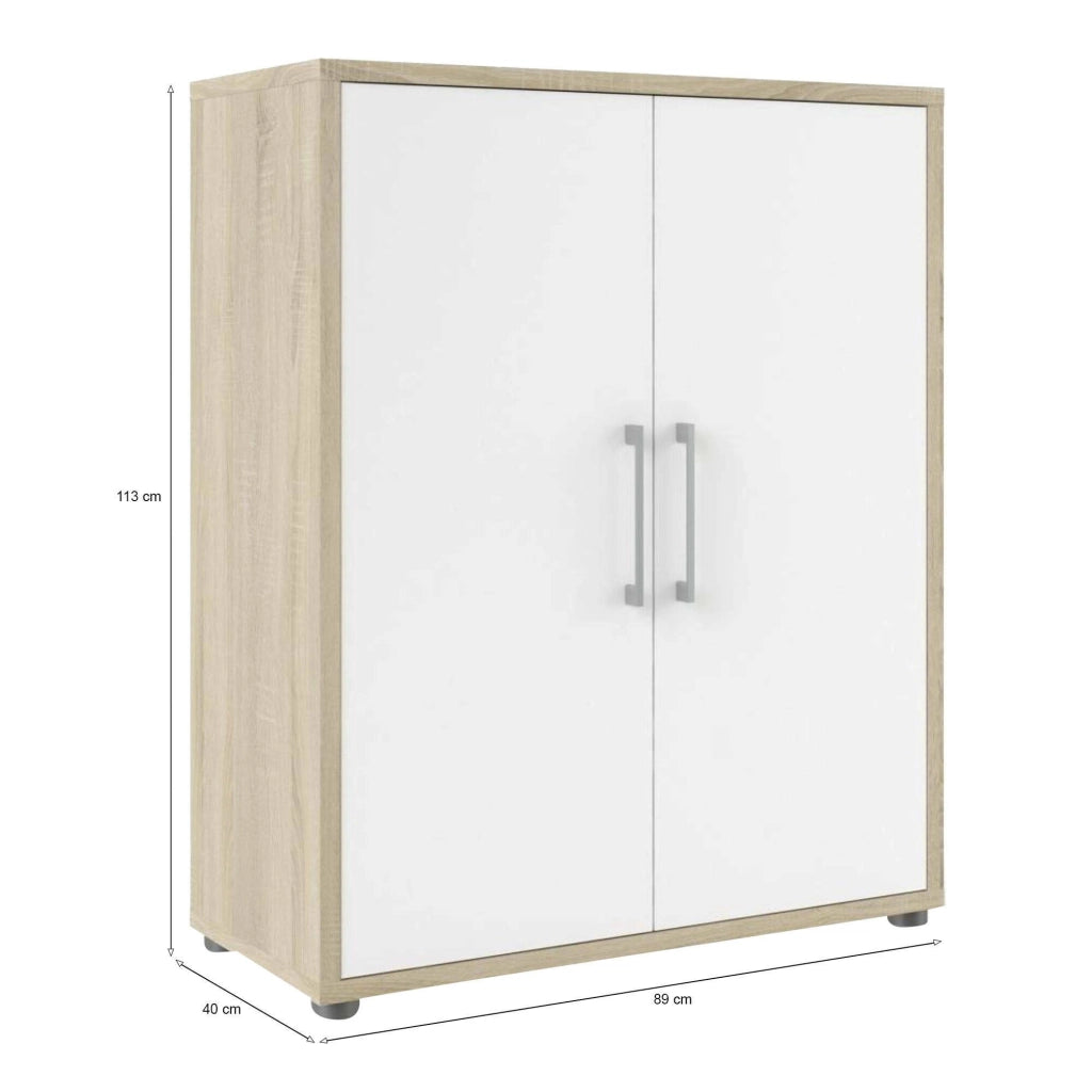 Credenza Warszawa, Buffet da soggiorno, Madia da salotto, Dispensa da cucina, 89x40 h113 cm, Quercia e Bianco