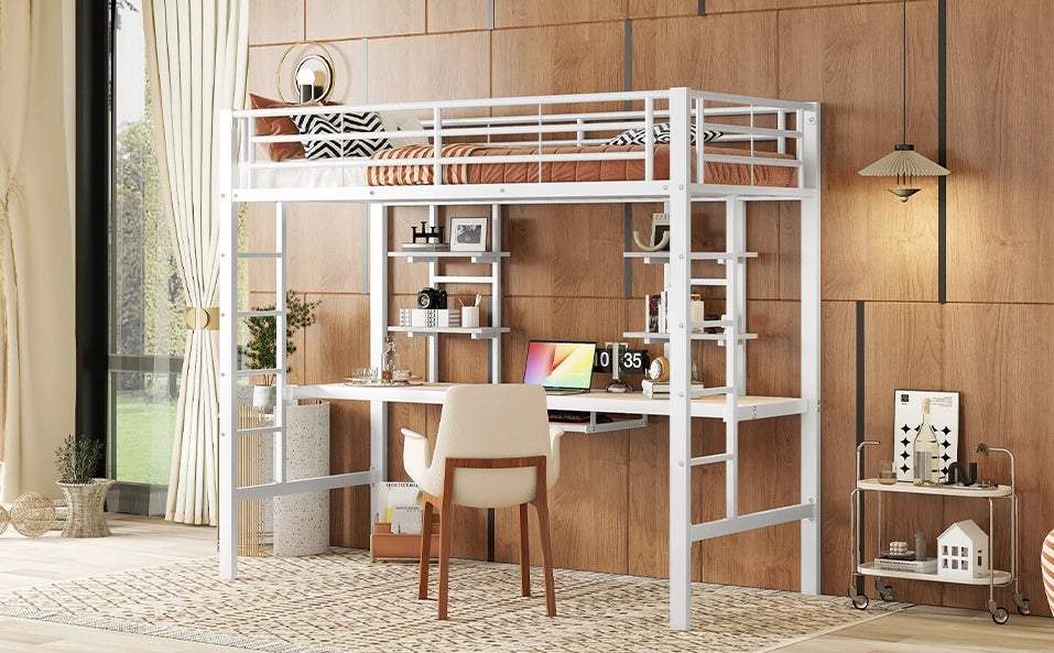 Letto a soppalco in metallo con scrivania e librerie, bianco, 90 x 200 cm