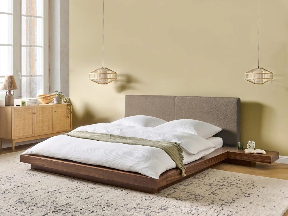 Letto matrimoniale con testata e comodini in legno chiaro bouclé tortora 160 x 200 cm stile giapponese