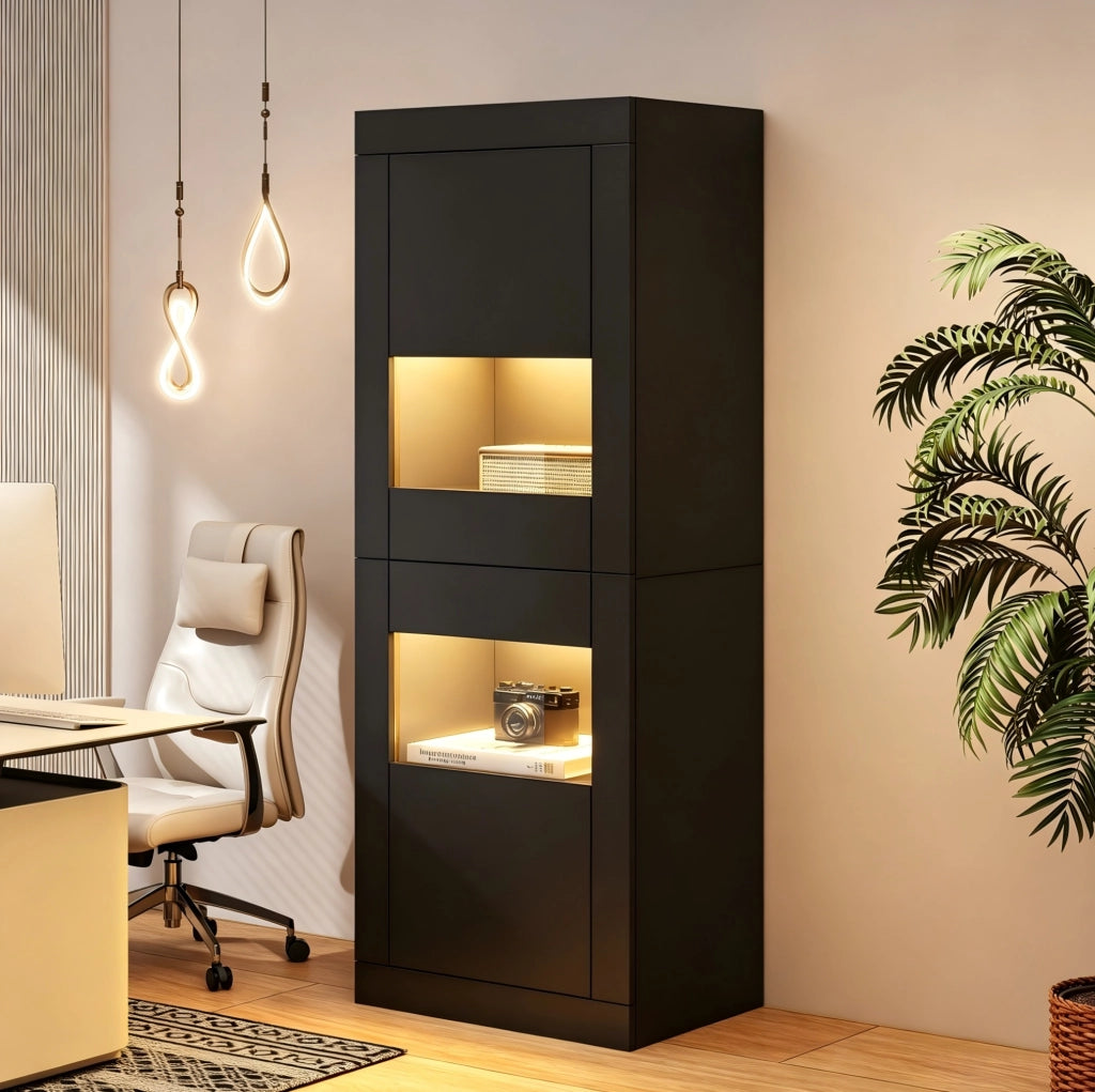 Vetrina nera con illuminazione LED e ripiani in vetro