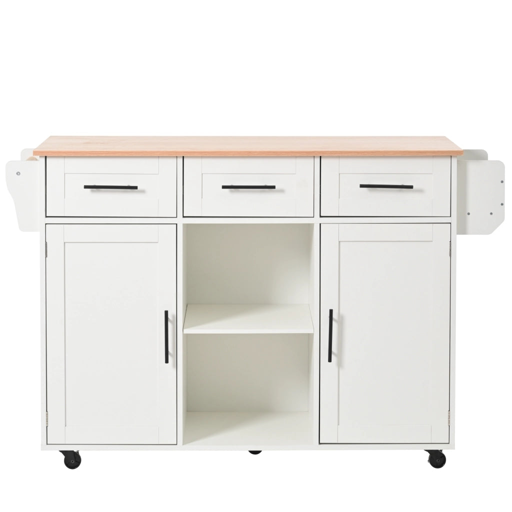 Isola da Cucina Mobile 139x46/71x91;5 cm Bianca con Piano Ribaltabile; 3 Cassetti; Ruote e Gambe in Legno