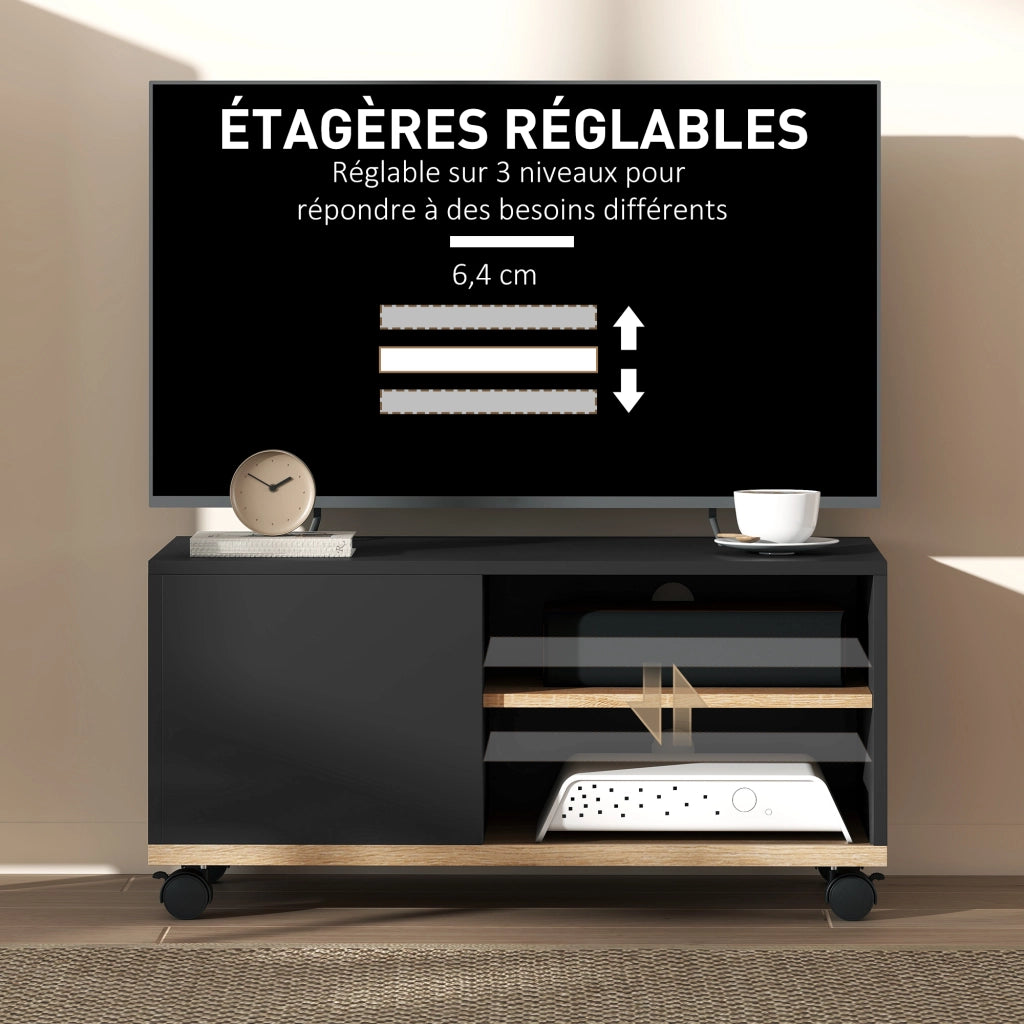 Mobile TV con ruote e 2 freni ¨C zephmum ¨C 2 nicchie e armadio con porta e passacavi, legno rovere chiaro