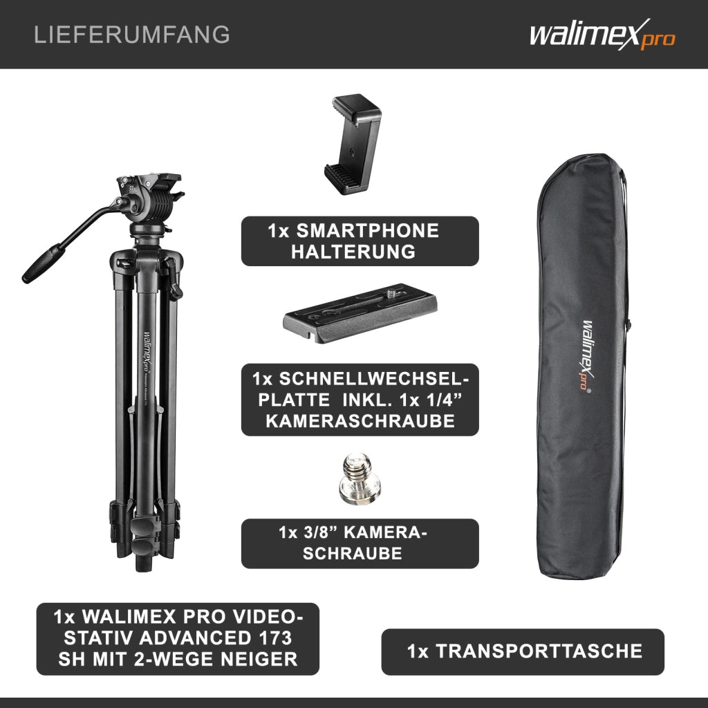 Treppiede video con supporto per smartphone e borsa I Avanzato 173cm, leggero e stabile I Panhead a 2 vie con funzione panoramica a 360° e pan lock I per fotocamere DSLR,