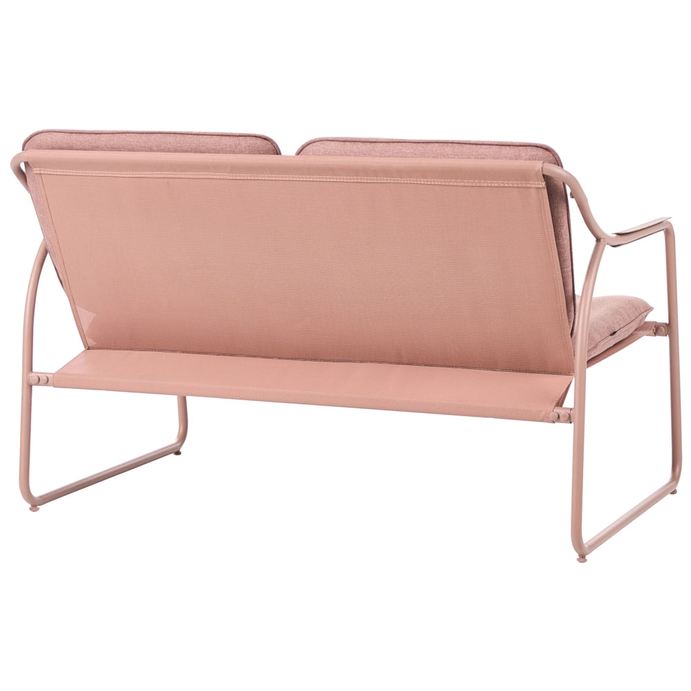 Set da Giardino con Divano 4 Posti in Acciaio Marrone con Cuscini in Olefina e Tavolino da Caffè in Vetro Temperato dal Design Moderno
