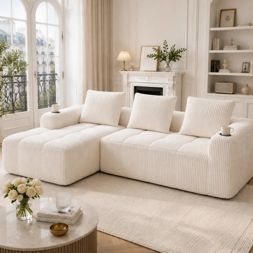 Divano Modulare 2 Posti con Tasche Laterali e Porta Bicchieri in Cord Beige 253 × 158 × 61 cm