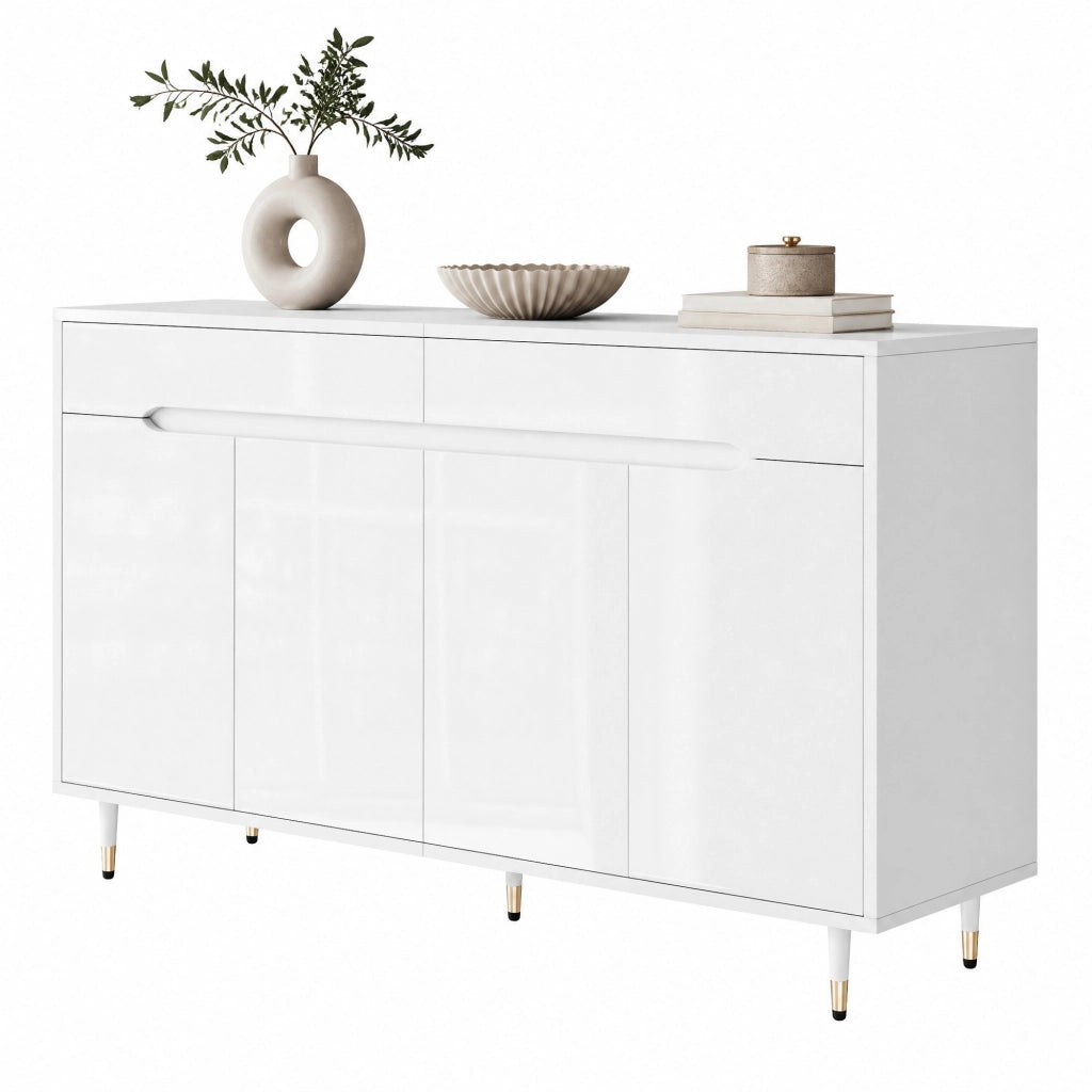 Scarpiera moderna con ante; 2 cassetti e ripiani regolabili; 140 x 39 x 84 cm; bianca e oro