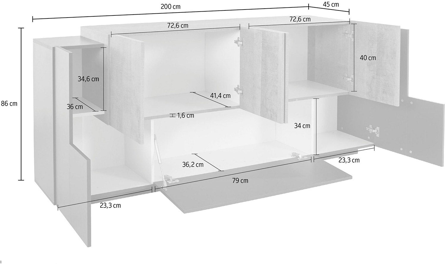 Credenza 7 Ante 200x45x86 cm New Coro Antracite/rovere k356