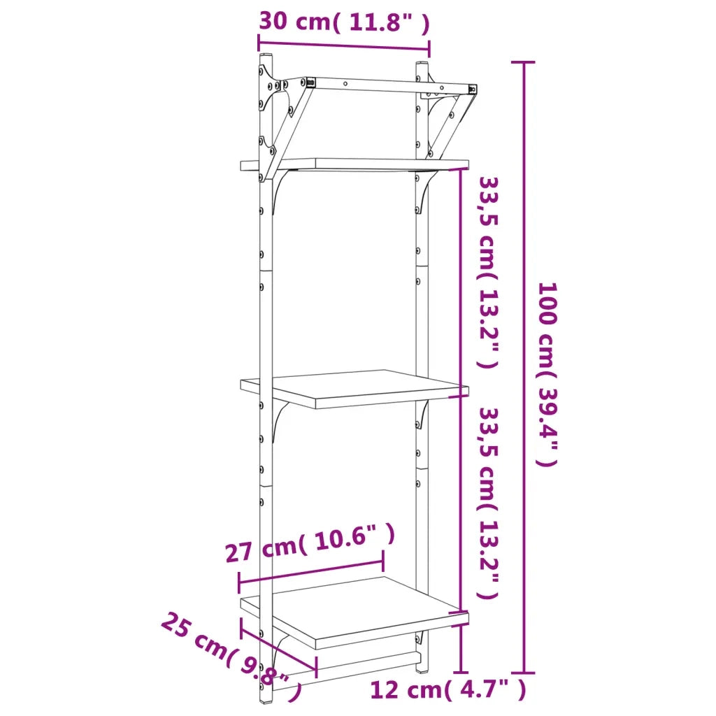 2 pz Mensole a Muro | Scaffale Parete | Ripiano a parete con Aste 3 Livelli Rovere Sonoma 30x25x100cm