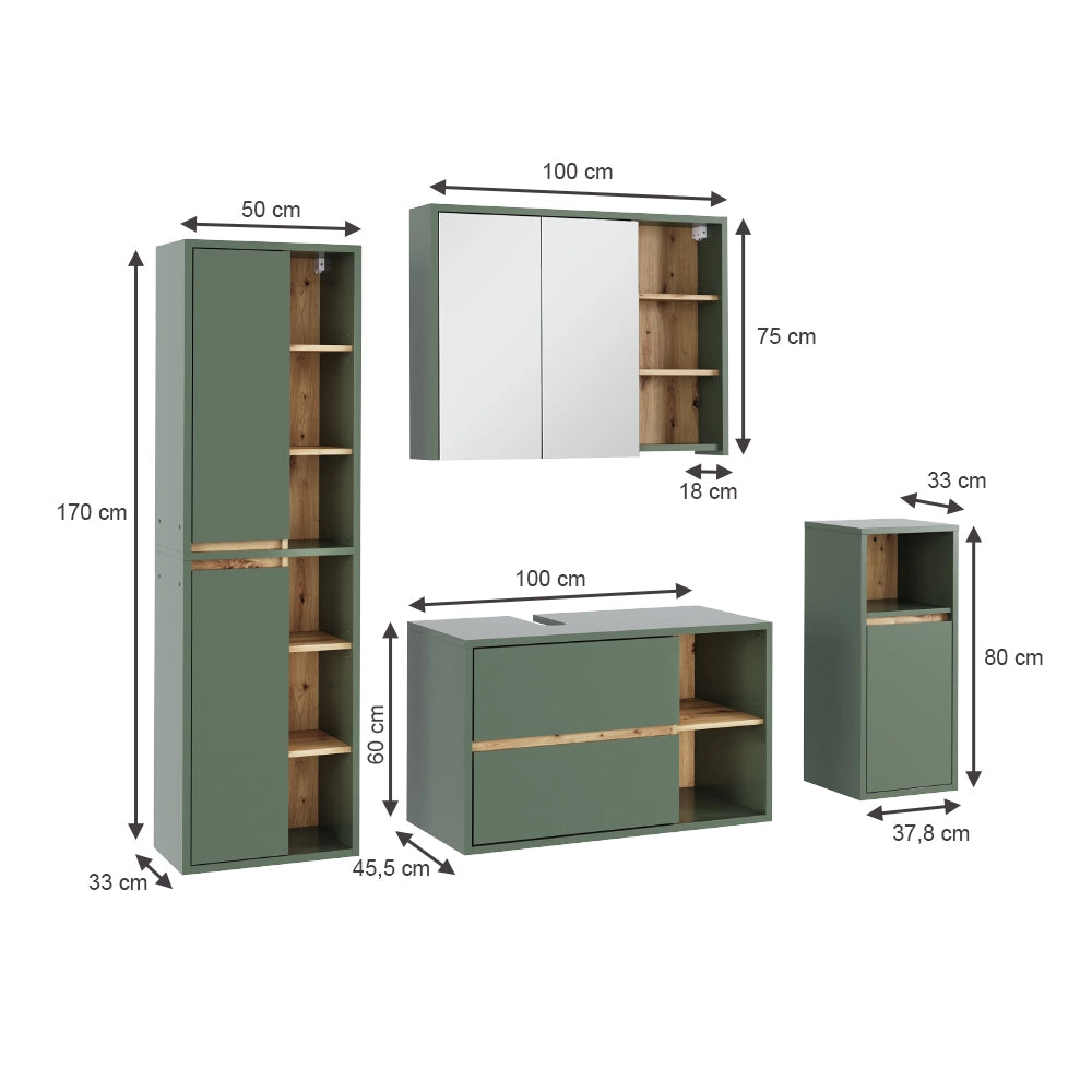 Vicco Set di mobili da bagno Verde/Artigianale 4 parti