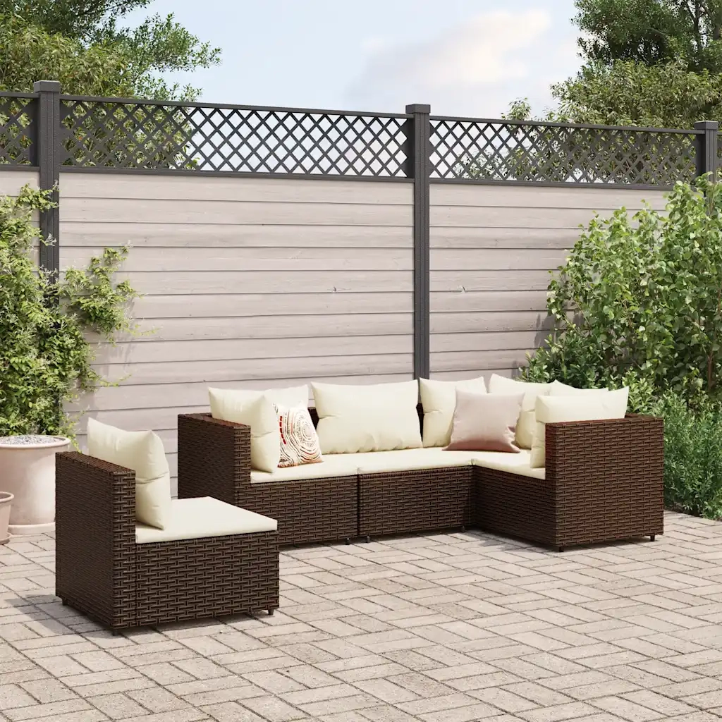 Set Divani da Giardino 5 pz con Cuscini Marrone in Polyrattan