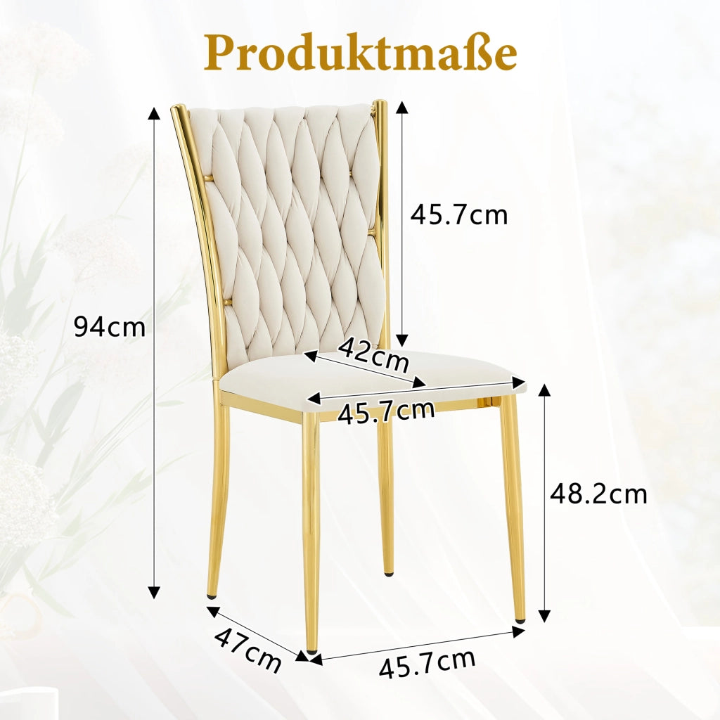 Sedia da pranzo imbottita in velluto beige con gambe in metallo oro
