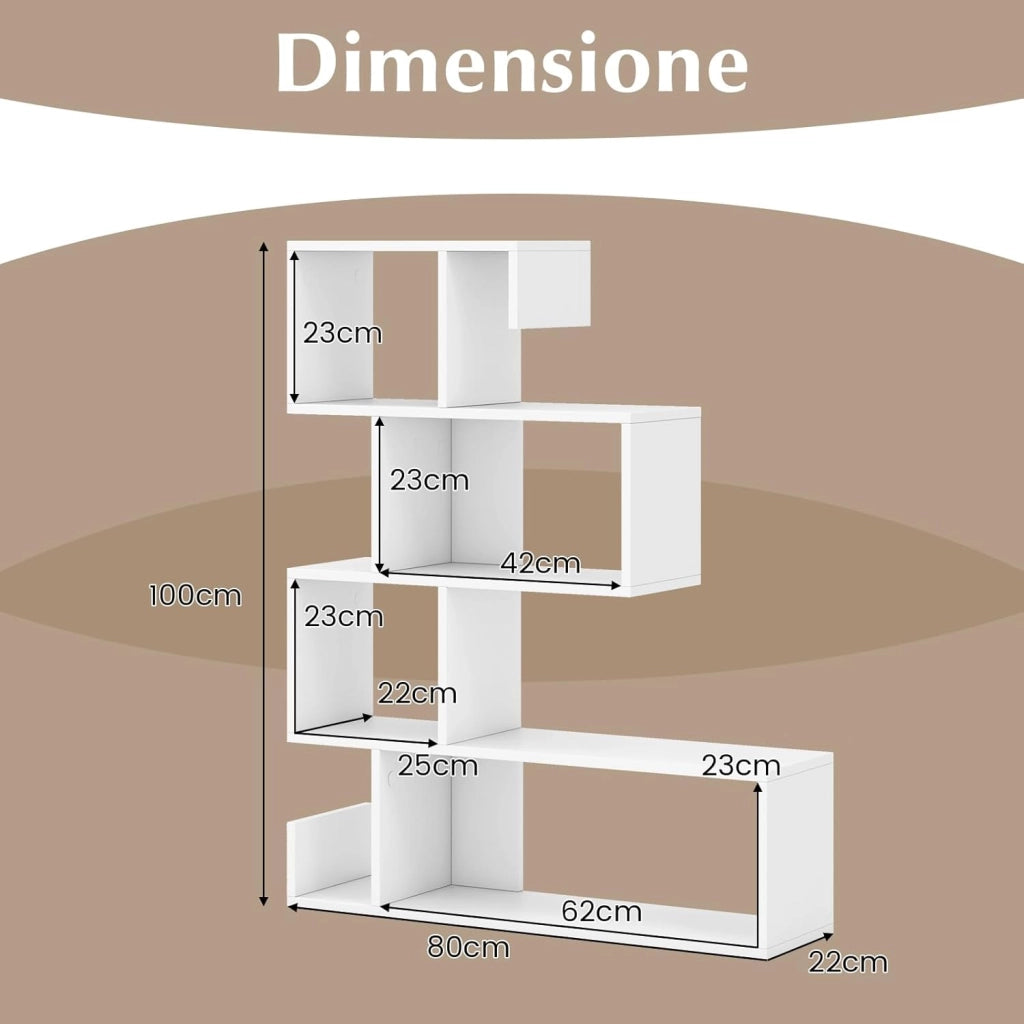 Libreria a Forma di S a 4 Ripiani, Scaffale Aperto Portaoggetti in Legno, Scaffale Verticale Separatore Multifunzionale, per Camera da Letto, Studio, Soggiorno, 80 x 22 x 100 cm (Bianco)