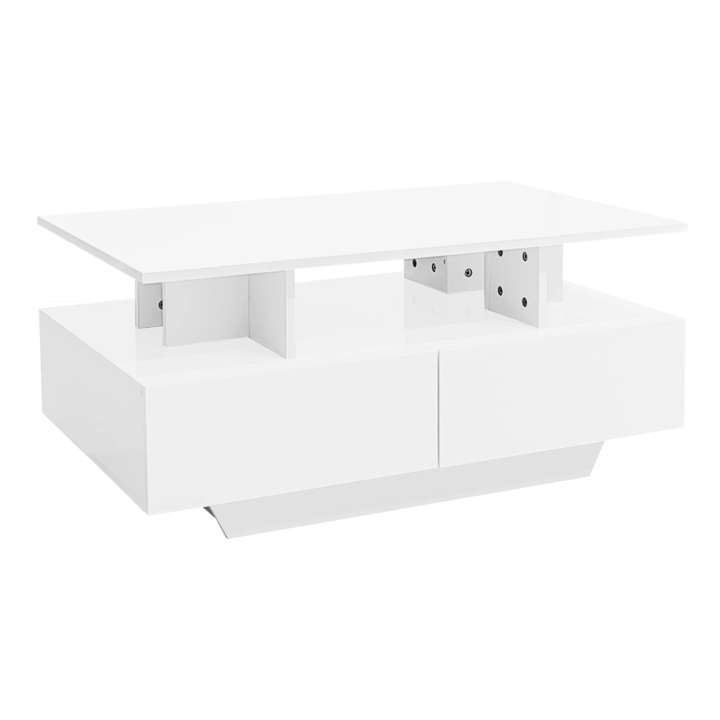 Tavolino da salotto moderno con LED e 2 cassetti; 90x55x41 cm; bianco
