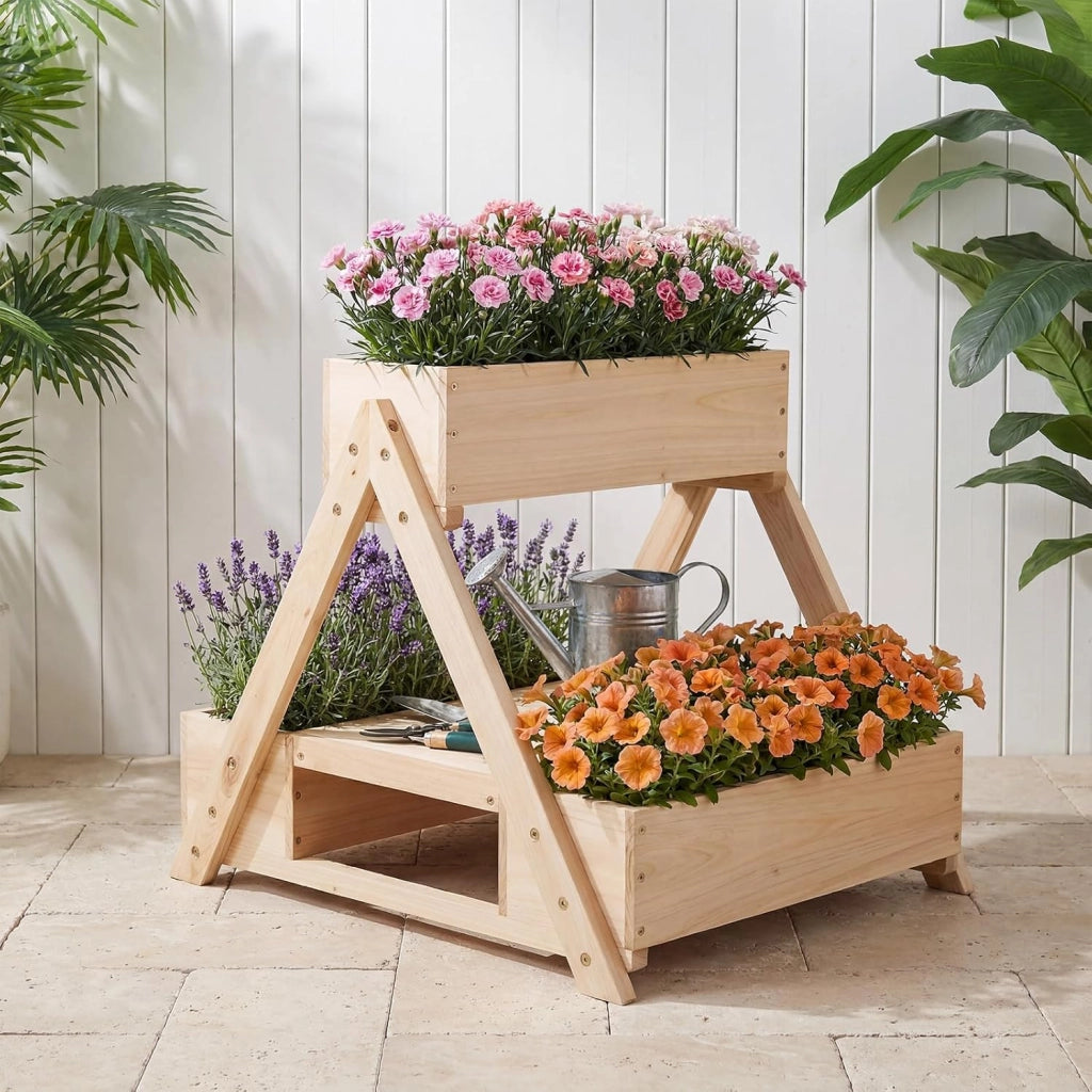 Fioriera Rialzata in Legno, Orto Rialzato da Giardino con 3 Vasi, Ripiano Aperto e Fori di Drenaggio, Fioriere Verticali da Esterno a Forma di A per Cortile e Balcone, 66 x 58 x 60 cm