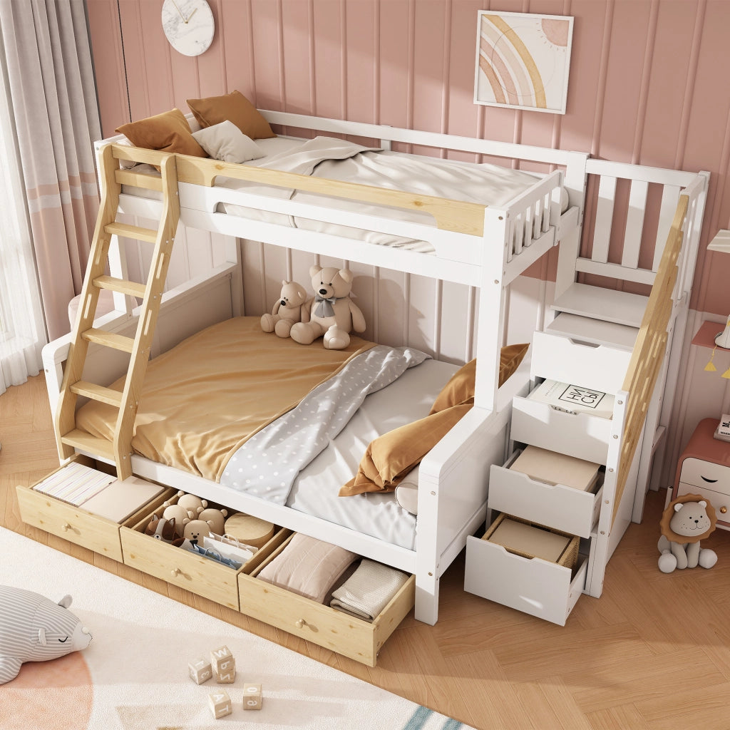 Letto a Castello 90x200 cm e 140x200 cm con Scaletta; 3 Cassetti; Bianco e Naturale
