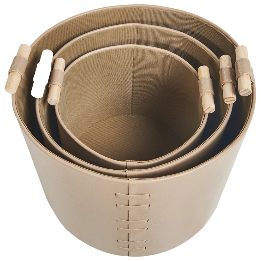 Set di 3 cesti portaoggetti fatti a mano con manici in ecopelle beige