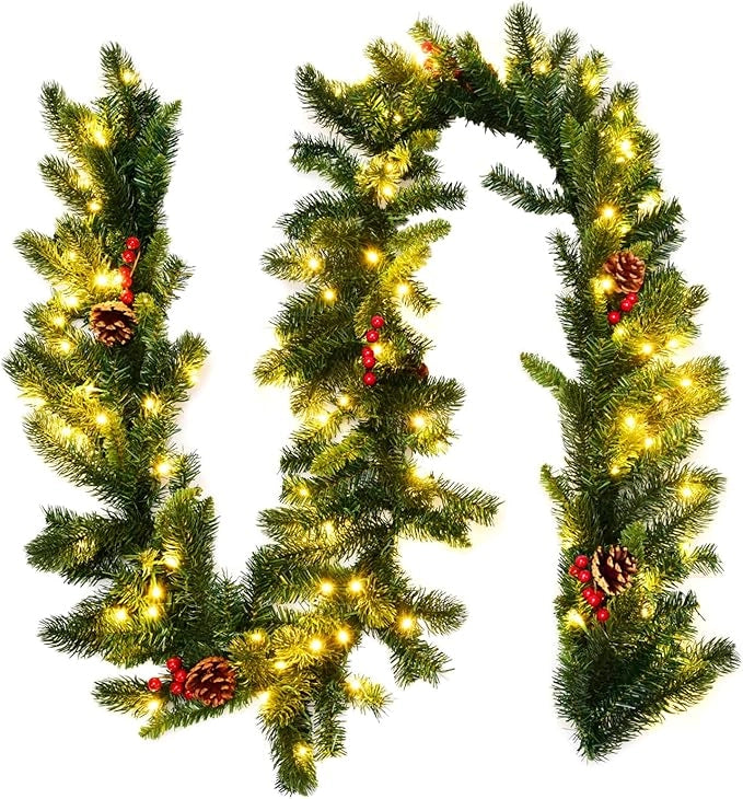 Ghirlanda di Natale di Pino Illuminata 270 cm, Ghirlanda Artificiale in Rattan di Natale con 100 luci LED, Ghirlanda Decorativa Illuminata con Timer, Ideale per Uso Interno ed Esterno