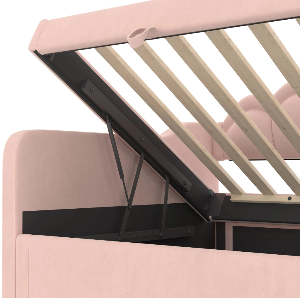 Divano letto singolo 90x200 cm in velluto rosa con contenitore; LED e testiera ondulata