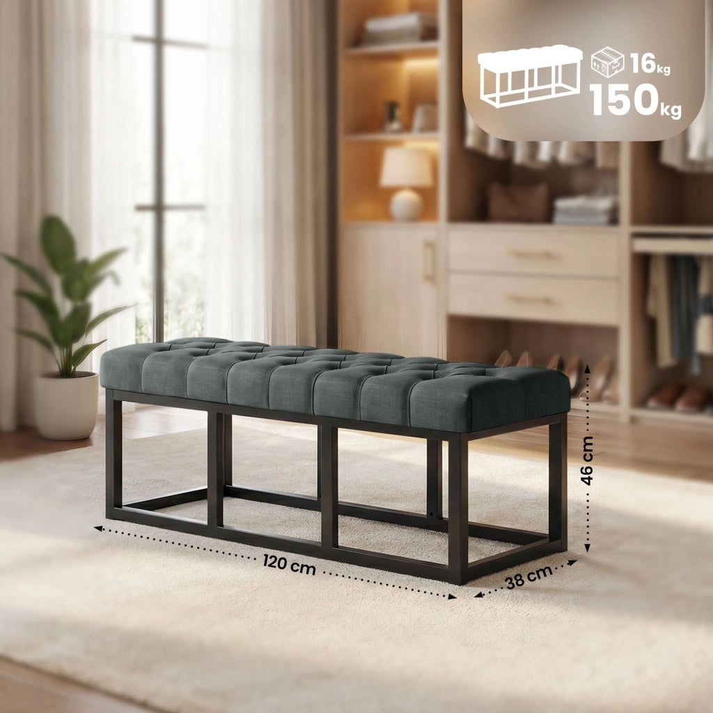 Panca design AMUN in metallo nero opaco e tessuto grigio scuro,120 cm