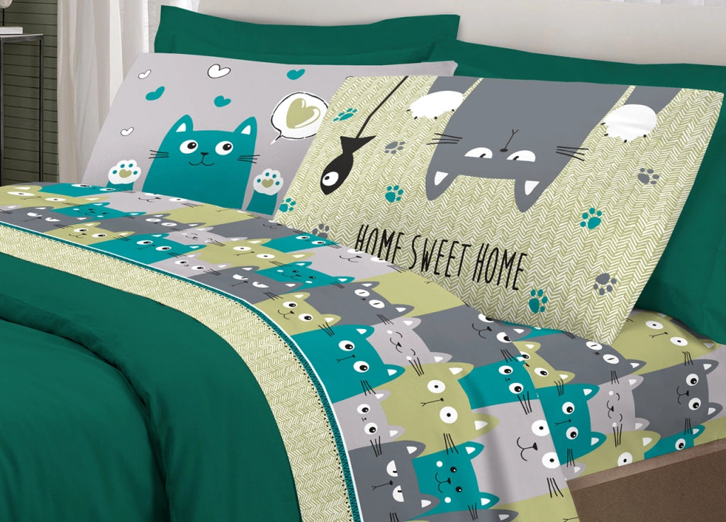 Completo Lenzuola Letto Pensieri Delicati 100% Cotone Disegno Happy Cat - Matrimoniale - Verde