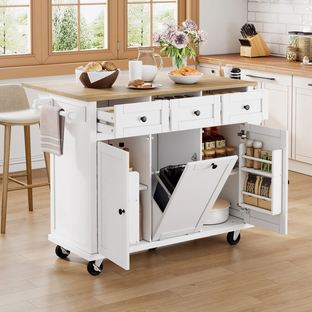 Isola da Cucina con Ruote e Piano Allungabile ¨C MINIMAL ¨C Bianco, Cassetti, Contenitore Rifiuti