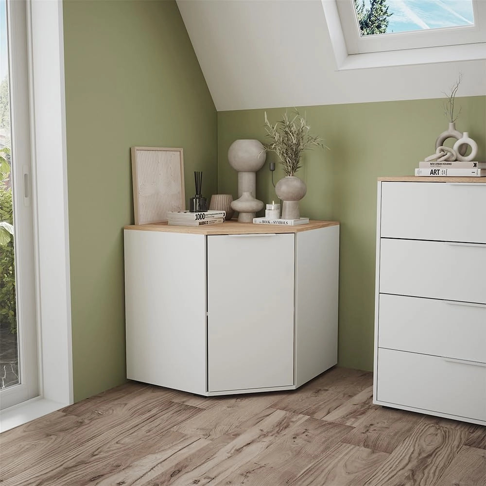 Credenza Betti, Bianco/Sonoma, 77.9 x 77.9 cm con 1 porta, per riporre abiti e oggetti di uso quotidiano