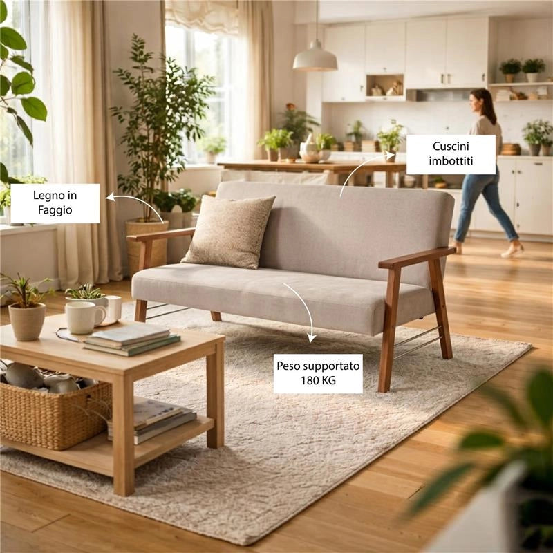 DIVANO ORTIGIA DA ARREDO IN LEGNO TABACCO E IN TESSUTO COLOR BEIGE 106X77X91H CM