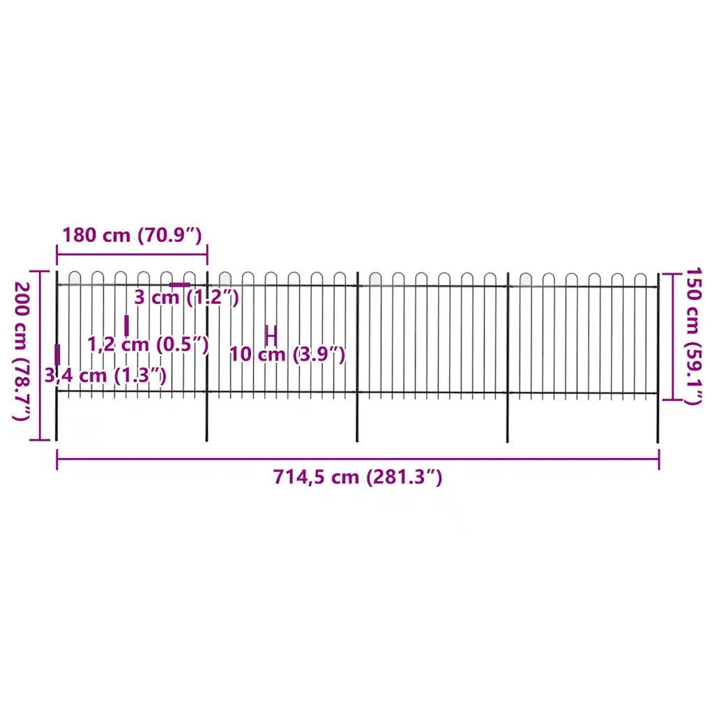 Recinzione Giardino con Punta Tonda in Acciaio 6,8x1,5m Nera