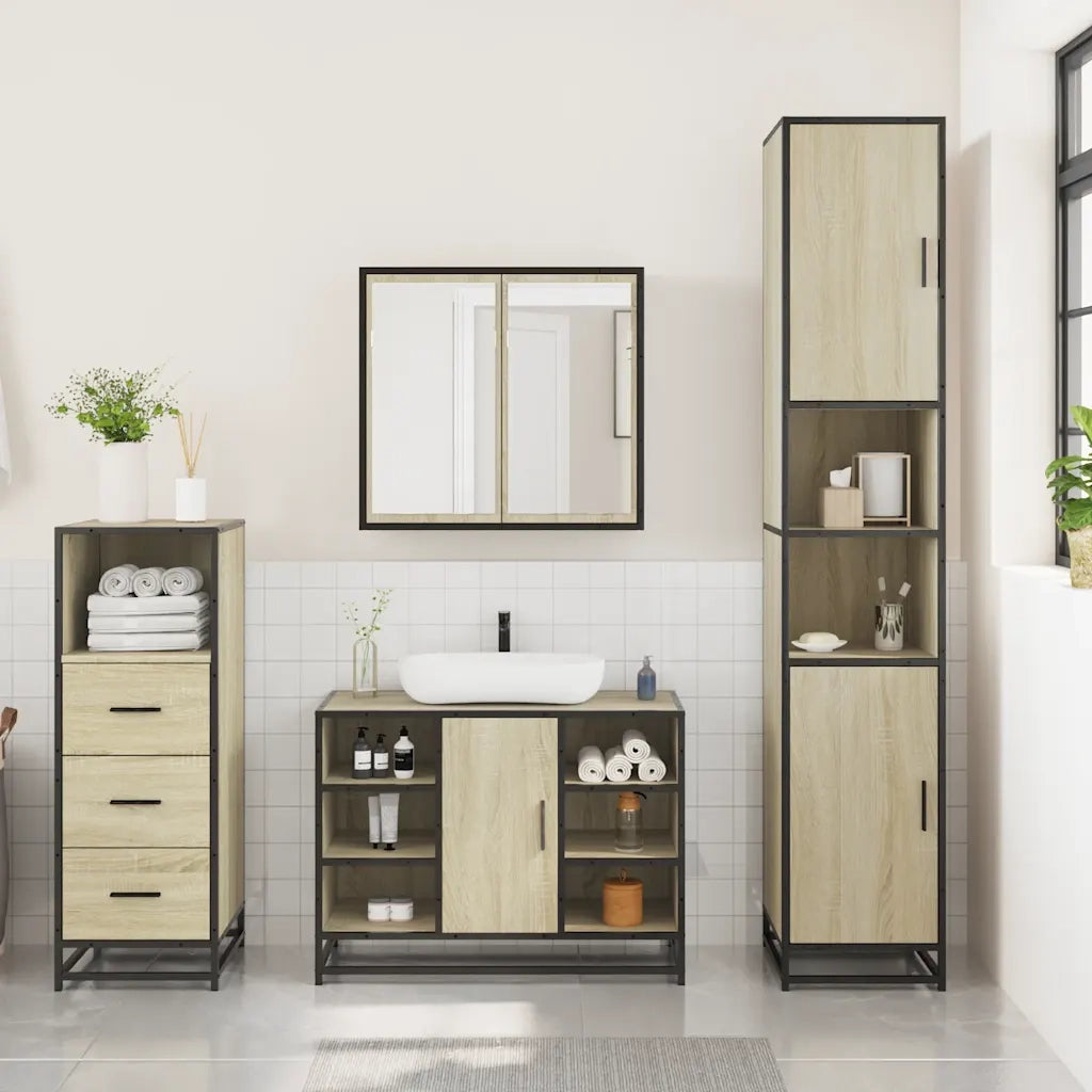Set Mobili da Bagno 3 pz Rovere Sonoma in Legno Multistrato