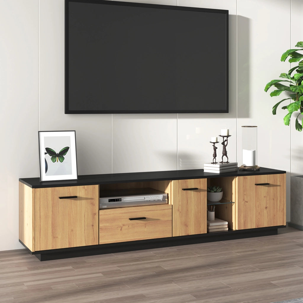 Mobile TV con 3 Ante; 1 Cassetto; 2 Vani a Giorno e LED 16 Colori; MDF; Nero e Effetto Legno; 180??37??45 cm