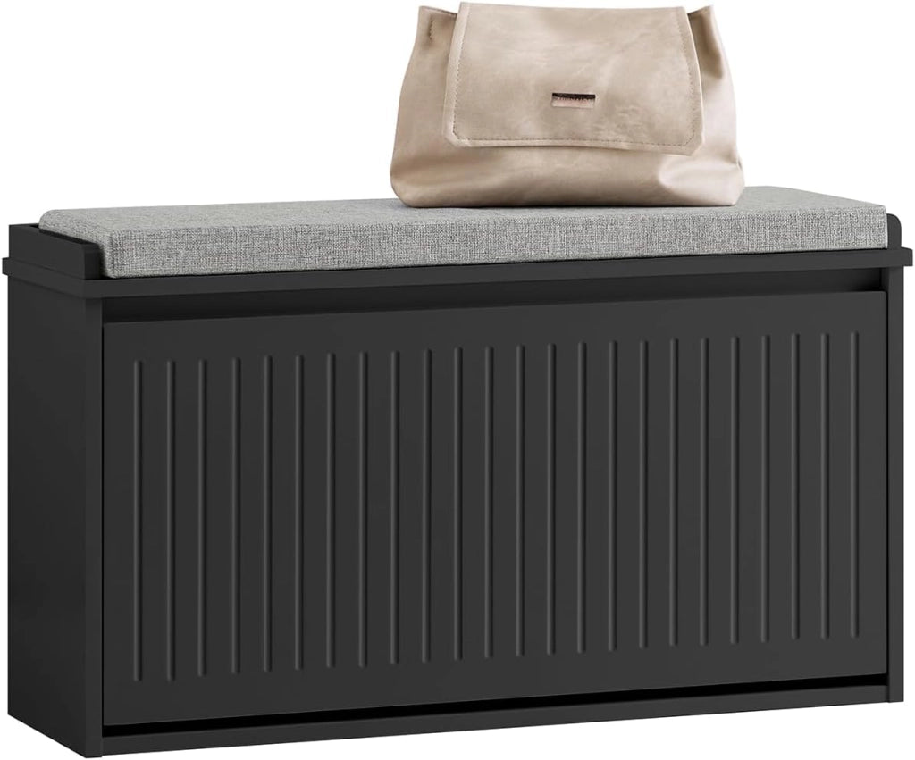 Panca Scarpiera da Ingresso - Scarpiera Salvaspazio Slim in Legno, Panca Contenitore per 6-8 Paia di Scarpe, 155kg di Carico, Nero, 80x26x45cm, FSR98-L-SCH