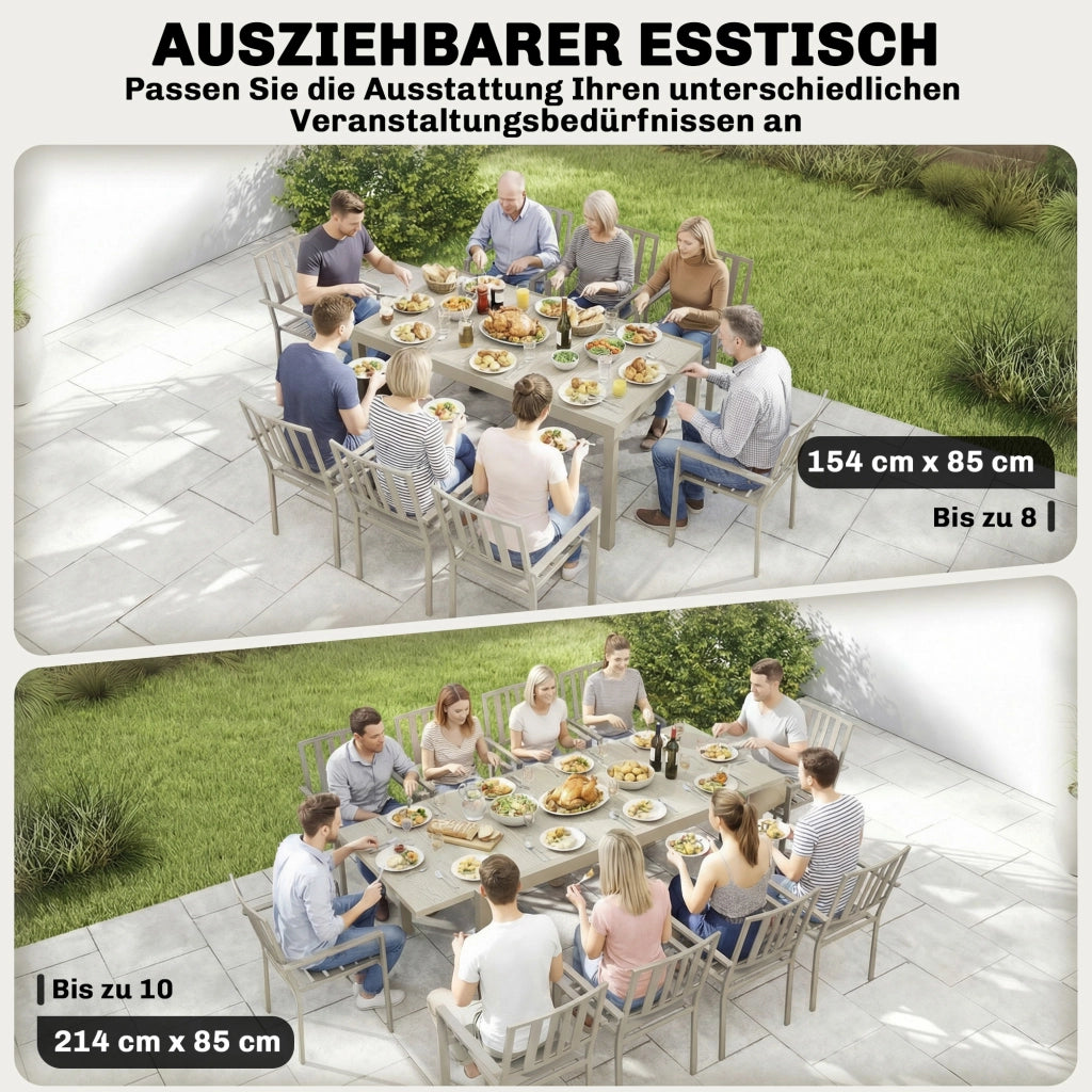 Tavolo da pranzo allungabile per esterno ¨C zephmum ¨C 154/214x85 cm, alluminio, effetto legno, grigio chiaro